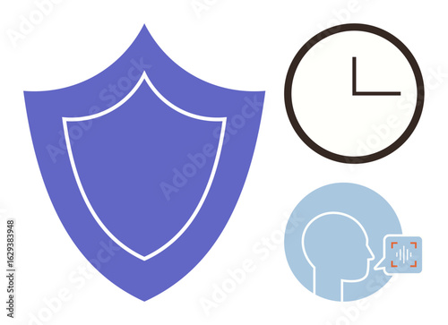 Purple shield, clock indicating time, blue profile head with voice icon. Ideal for digital security, efficiency, timekeeping, communication, authentication technology data protection. A simple flat