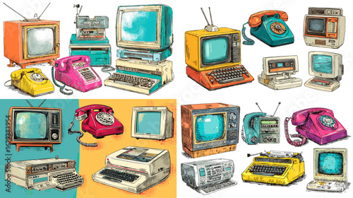 Colorful vintage electronics illustration featuring retro TVs, phones, computers, and typewriters—ideal for nostalgia, tech history, or retro-themed designs.

