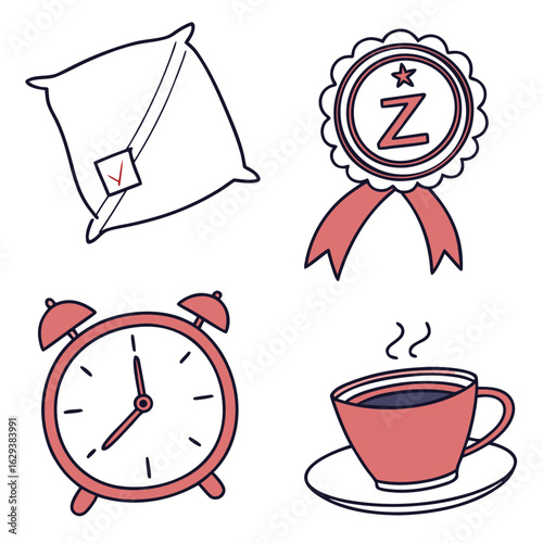 A collection of charming hand drawn illustrations representing sleep achievement punctuality and morning coffee perfect for various design projects