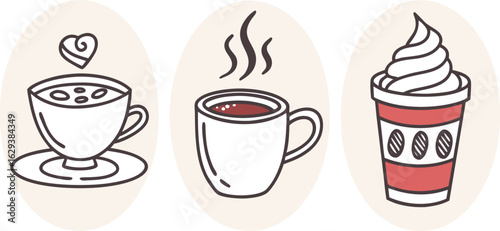 Three stylized illustrations of coffee drinks including a cappuccino with a heart a steaming mug of coffee and a takeaway cup with whipped cream