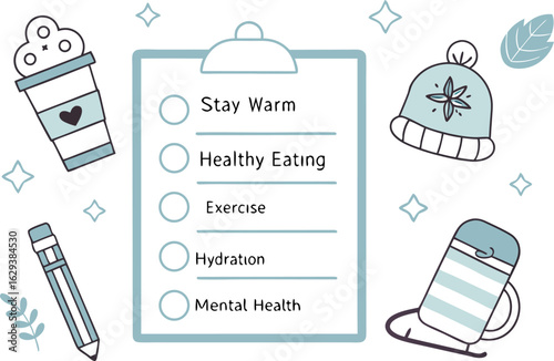 Winter wellness checklist stay warm eat healthy exercise hydrate and prioritize mental health for a cozy season