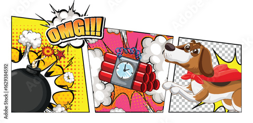 Comic Style Superhero Dog Saves the Day from Bombs
