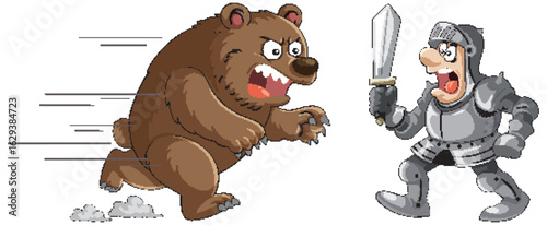 Knight Confronts Charging Bear in Cartoon Style