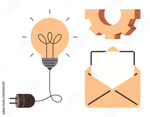Light bulb with cord and plug symbolizing ideas, gear for productivity, open envelope for communication. Ideal for creativity, teamwork, brainstorming, innovation, collaboration, problem-solving