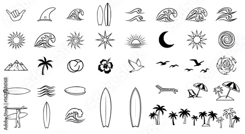 Collection of various black and white line art illustrations depicting beach and ocean themed elements