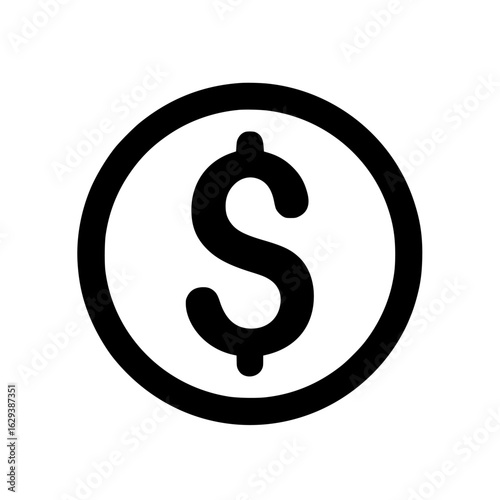 A simple black and white vector illustration of a dollar coin with a prominent dollar sign symbol inside