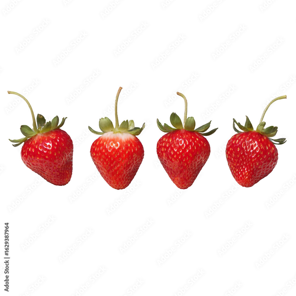 Four vibrant and fresh strawberries lined up against a clean white background. Four vibrant and fresh strawberries lined up against a clean white background.