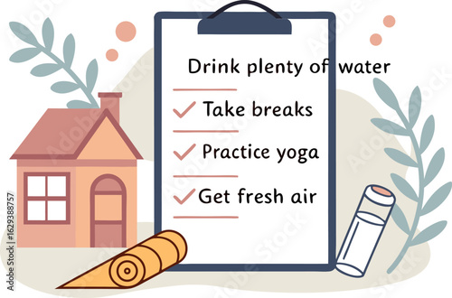 A checklist for a healthy lifestyle including drinking water taking breaks practicing yoga and getting fresh air promoting wellness and self care