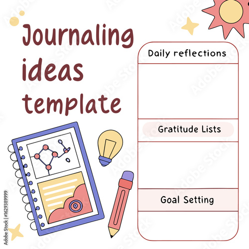 Creative journaling ideas template for daily reflections gratitude lists and goal setting with a notebook pencil and lightbulb illustration