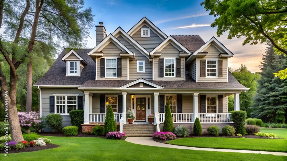Fototapeta premium Impressive gray suburban residence with elegant architecture, manicured landscaping, and a welcoming porch during golden hour