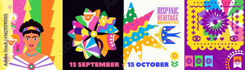 National Hispanic heritage month banner with girl, papel picado, guitar Hispanic and Latino Americans culture, event Celebrate annual october in United States Vector illustration template background