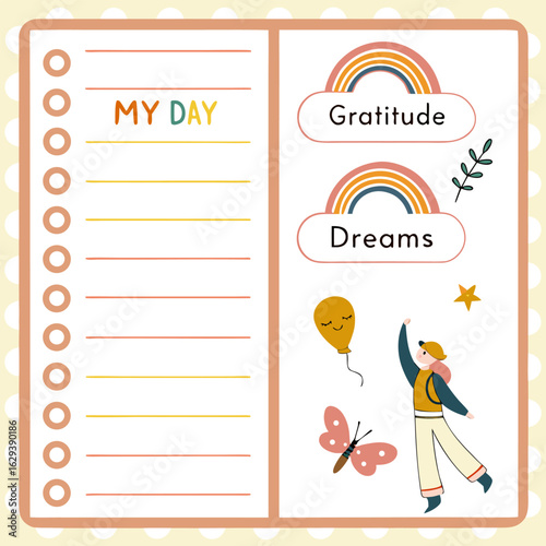 A cheerful daily planner page featuring sections for gratitude and dreams alongside a to do list and whimsical illustrations of a girl balloon and butterfly
