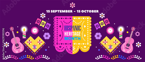National Hispanic heritage month banner with girl, papel picado, guitar Hispanic and Latino Americans culture, event Celebrate annual october in United States Vector illustration template background
