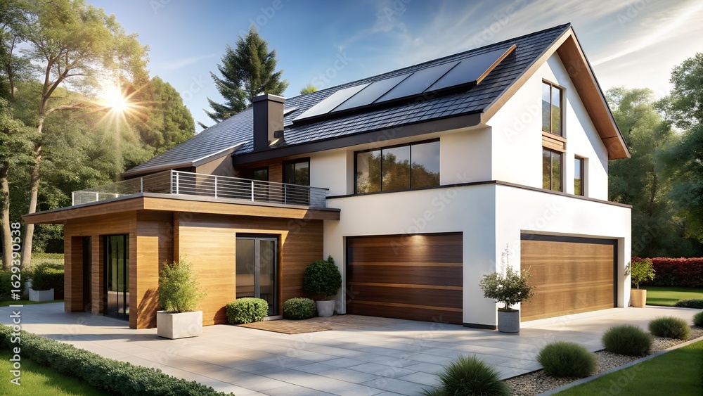 Fototapeta premium Modern white house with solar panels on the roof, wood accents, and a spacious driveway, bathed in the warm glow of the setting sun