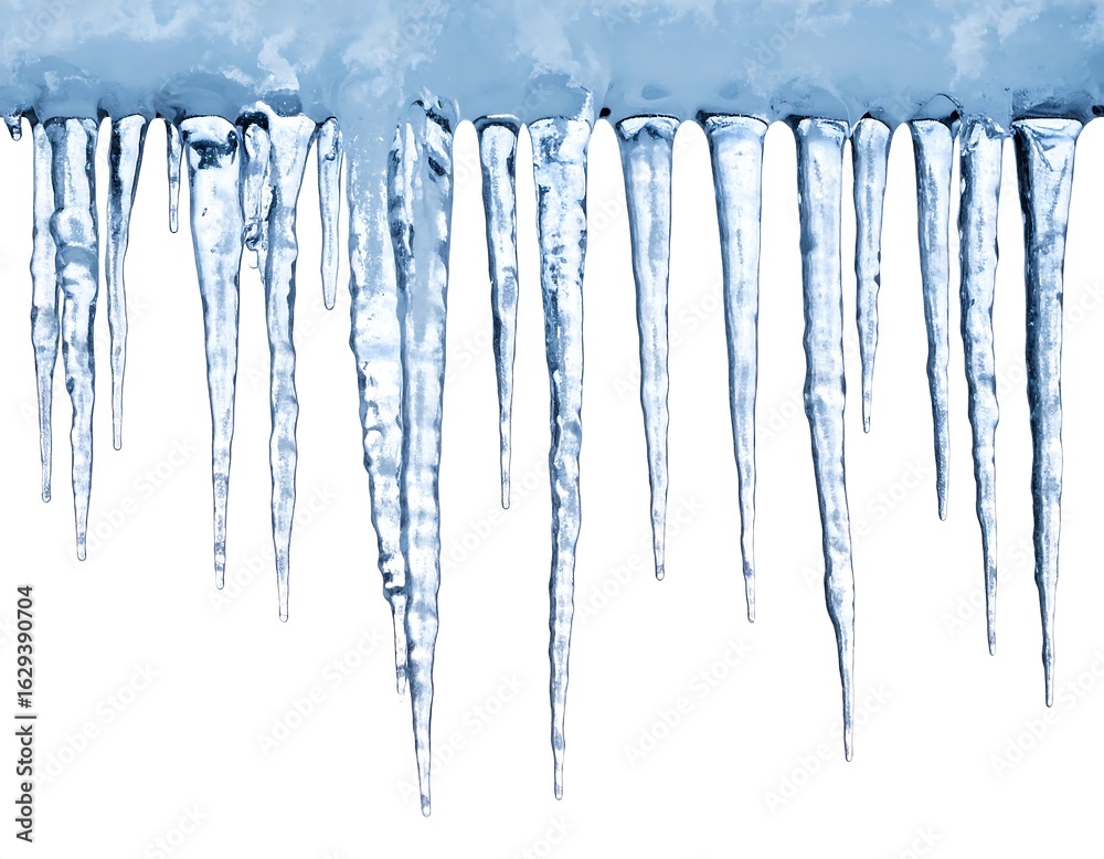 Fototapeta premium Numerous icicles hang against a white background, showcasing varying lengths and textures of frozen water