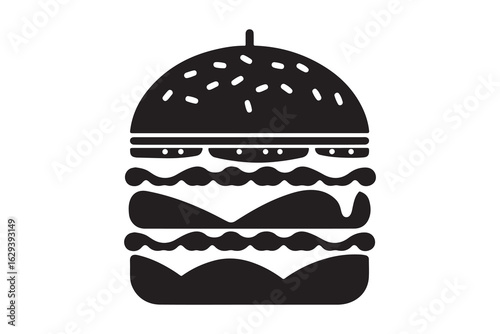 Simple black silhouette icon of a classic hamburger on a White background