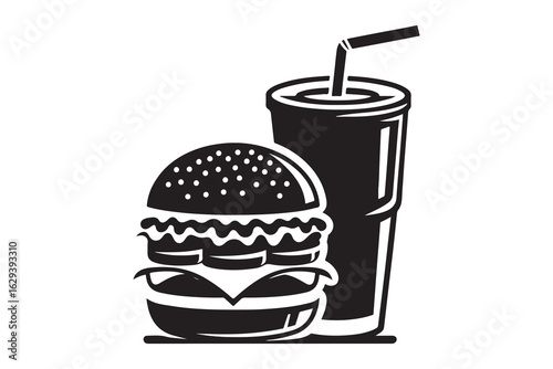 Colorful illustration of a burger with fries and a drink, showcasing a classic fast food meal, Burger and drink icon, hamburger and soda silhouette vector illustration, hamburger silhouette vector