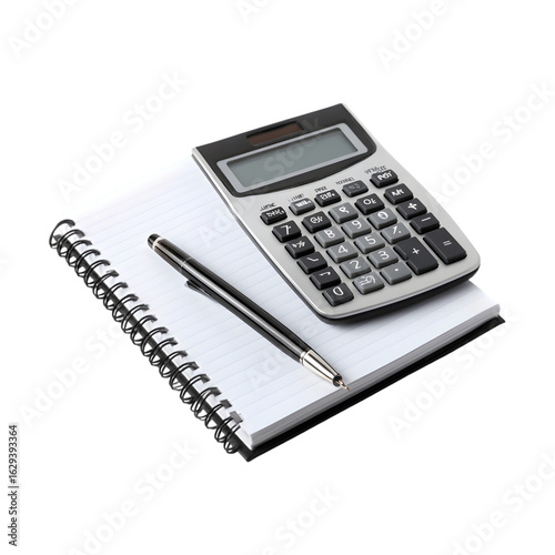 A calculator and pen resting on a spiral notebook against a black background in a studio shot on transparent background