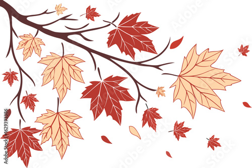 Stylized autumn maple leaves in shades of red and beige drift from dark branches against a clean white background evoking seasonal change