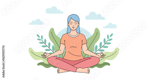 Serene woman meditating in a lotus pose surrounded by nature. Vector illustration for mindfulness, relaxation, and mental wellness.