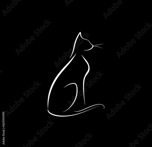 Simple line art logo of an outline cat, black background, simple lines