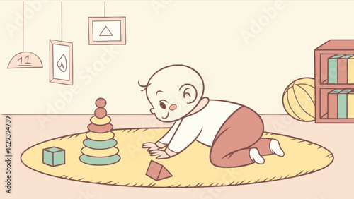 Illustration of baby crawling on rug with toys in nursery room for children playing and learning time