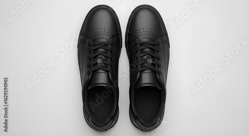 A pair of sleek black leather sneakers with laces, viewed from directly above on a white background.