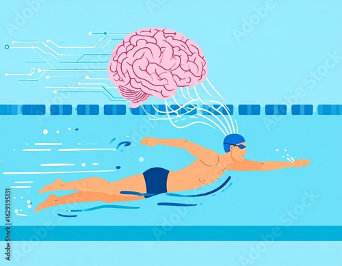 Cartoon, artificial intelligence in endurance sport, swimmer, brain and data stream