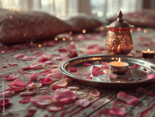 Diya in Thali with Pink Rose Petals on Floor