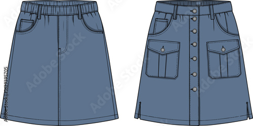 fashion sketch technical drawing, two skirt styles front views, elastic waistband skirt, button-up skirt with flap pockets illustration