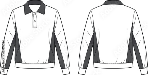 Long sleeve pullover shirt front back view, contrast panel design, ribbed cuffs and hem, partial button placket collar, fashion mockup, clothing illustration, template.