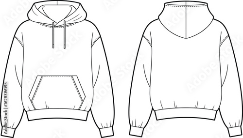 Front and back hoodie view, kangaroo pocket, drawstring hood, ribbed cuffs and hem, casual streetwear, apparel mockup, fashion sketch, garment design illustration.
