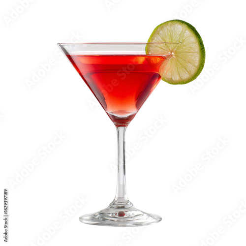 Martini red cocktail with lime garnish isolated on transparent background