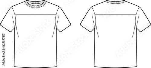 Plain T-shirt front back view, short sleeves, round ribbed collar, upper chest seam line, minimalist fashion sketch, garment mockup, clothing template, apparel illustration.