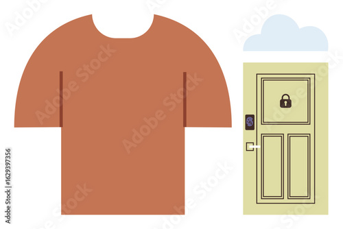 Rust-colored t-shirt next to a yellow door with a lock and digital keypad access. Ideal for e-commerce, security, fashion, smart home, technology promotion, clothing branding, simple flat metaphor