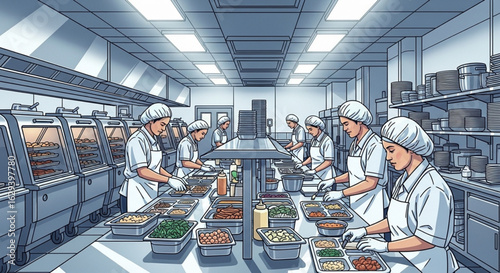 A large commercial kitchen, bustling with chefs preparing food.