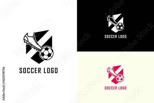 vector illustration of player's leg hitting a football with crest, logo for soccer club, football team emblem, professional football, football league, soccer team badge, sports, and more