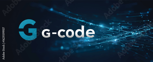A simple vector logo of G-code in blue, with an abstract spool