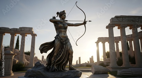 Majestic diana statue with bow and arrow amidst ancient ruins scenery