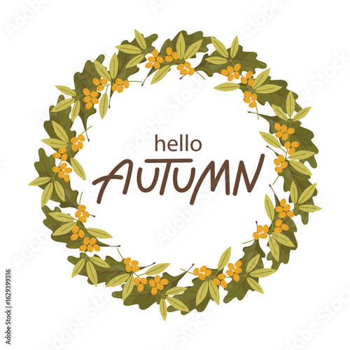 Vector illustration of an autumn wreath adorned with yellow berries and green leaves, surrounding the text hello autumn in a stylish font. Perfect for seasonal and festive themes.