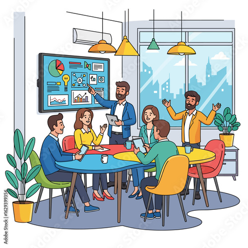 A group of businesspeople in a modern office, engaged in a collaborative meeting, with a presentation on a large display.