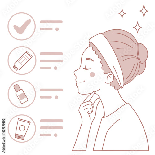 A woman with a skincare routine checklist featuring beauty products and a satisfied expression symbolizing self care and healthy skin
