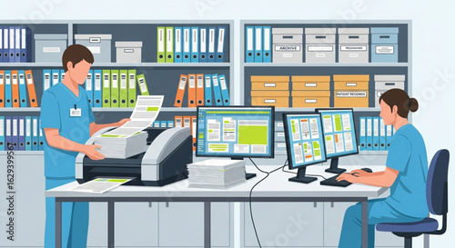 Two healthcare workers manage documents; one prints while the other works on multiple computer screens in a well-organized office.
