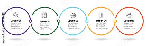 Business diagram with 5 circular steps – Modern vector for workflow layout, diagram, report, web design – Business concept stroke style steps, timeline infographic design with icon, number options