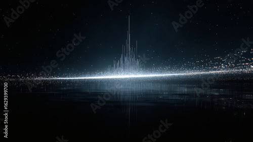 A hologram of a simple audio soundwave is projected from a smartphone. The wave starts small and calm, then grows steadily in amplitude to a large, powerful crescendo, symbolizing growing volume