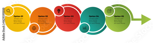 Business diagram with 5 circular steps – Modern vector for workflow layout, diagram, report, web design – Business concept forwarding steps, timeline infographic design element and numbering with icon
