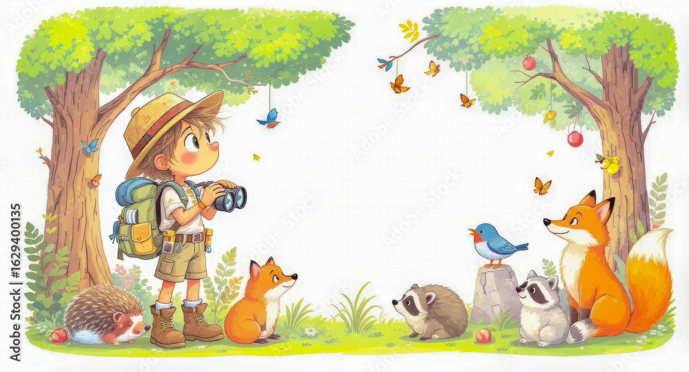 Obraz premium A curious boy explores the forest with binoculars, accompanied by friendly animals.