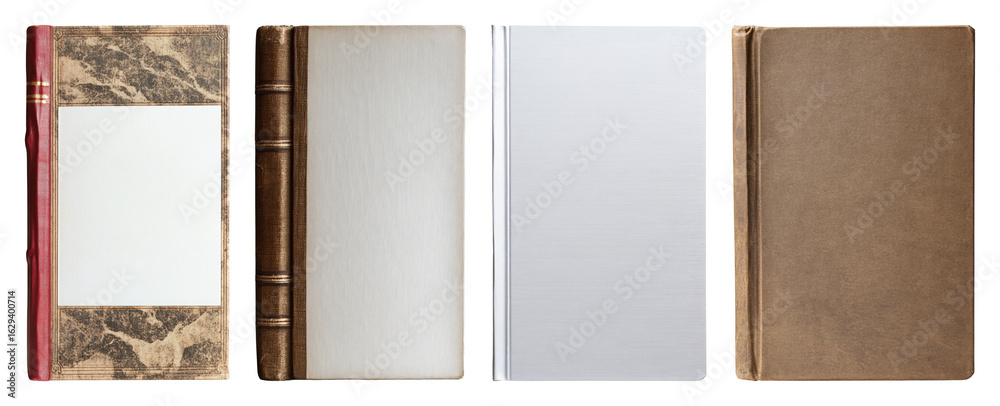 Fototapeta premium Four distinct book covers displayed side by side featuring antique plain and modern designs transparent background