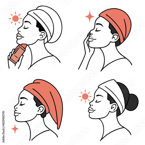 Illustrated steps of a woman s skincare routine including applying product facial massage and sun protection for healthy glowing skin