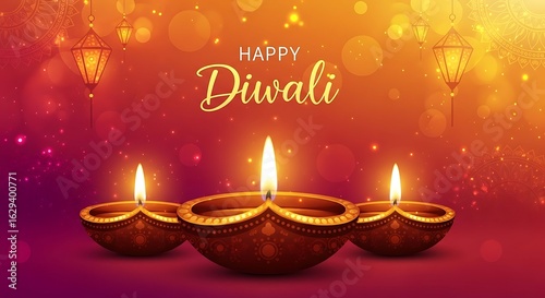 Happy diwali greeting with traditional oil lamps and hanging lanterns, celebrating the festival of lights with warm glowing flames against a vibrant bokeh background